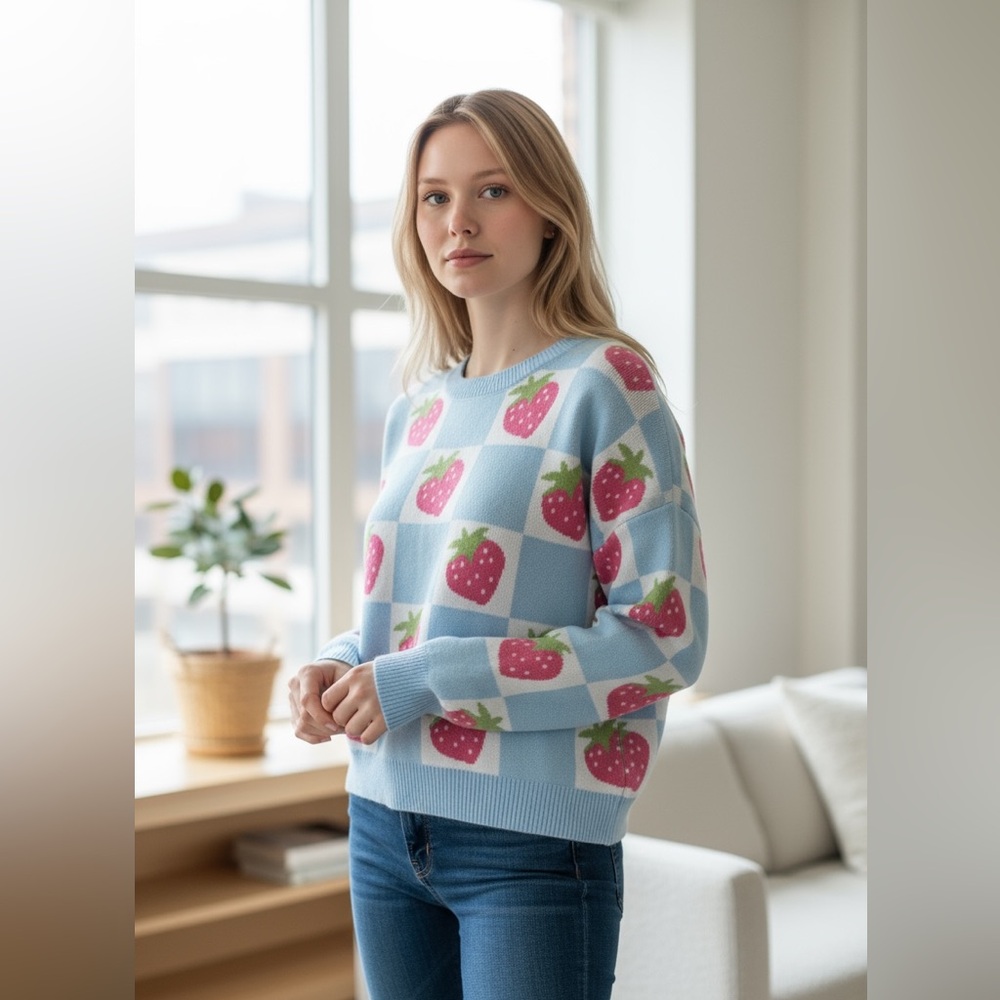 NWT Luna Ivy X Anthropologie Blue Checkered Strawberry Pullover Sweater Farm M